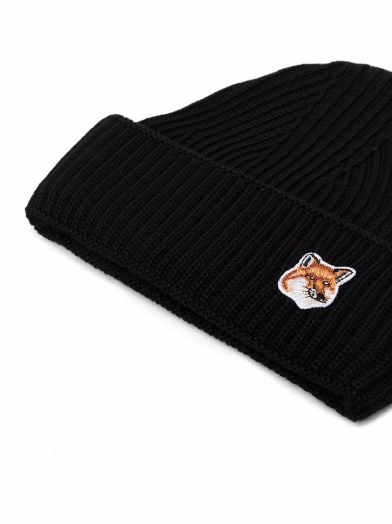 Black Fox Head Patch Wool Beanie