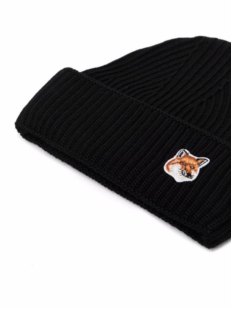 Black Fox Head Patch Wool Beanie