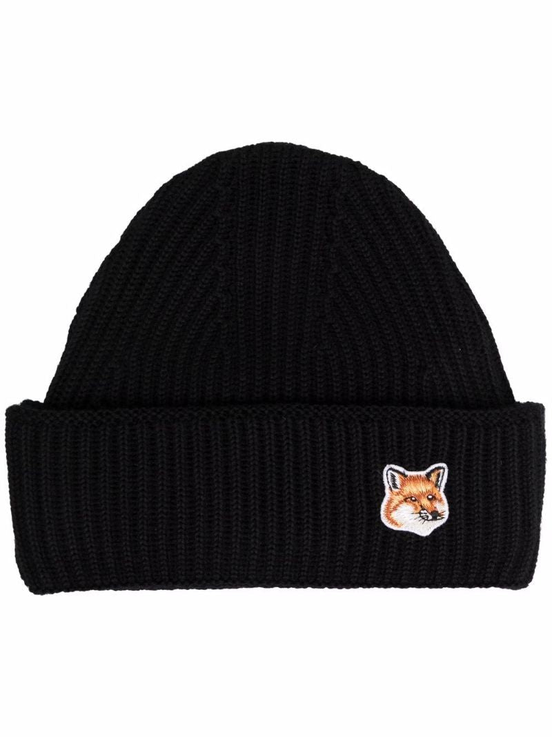 Black Fox Head Patch Wool Beanie