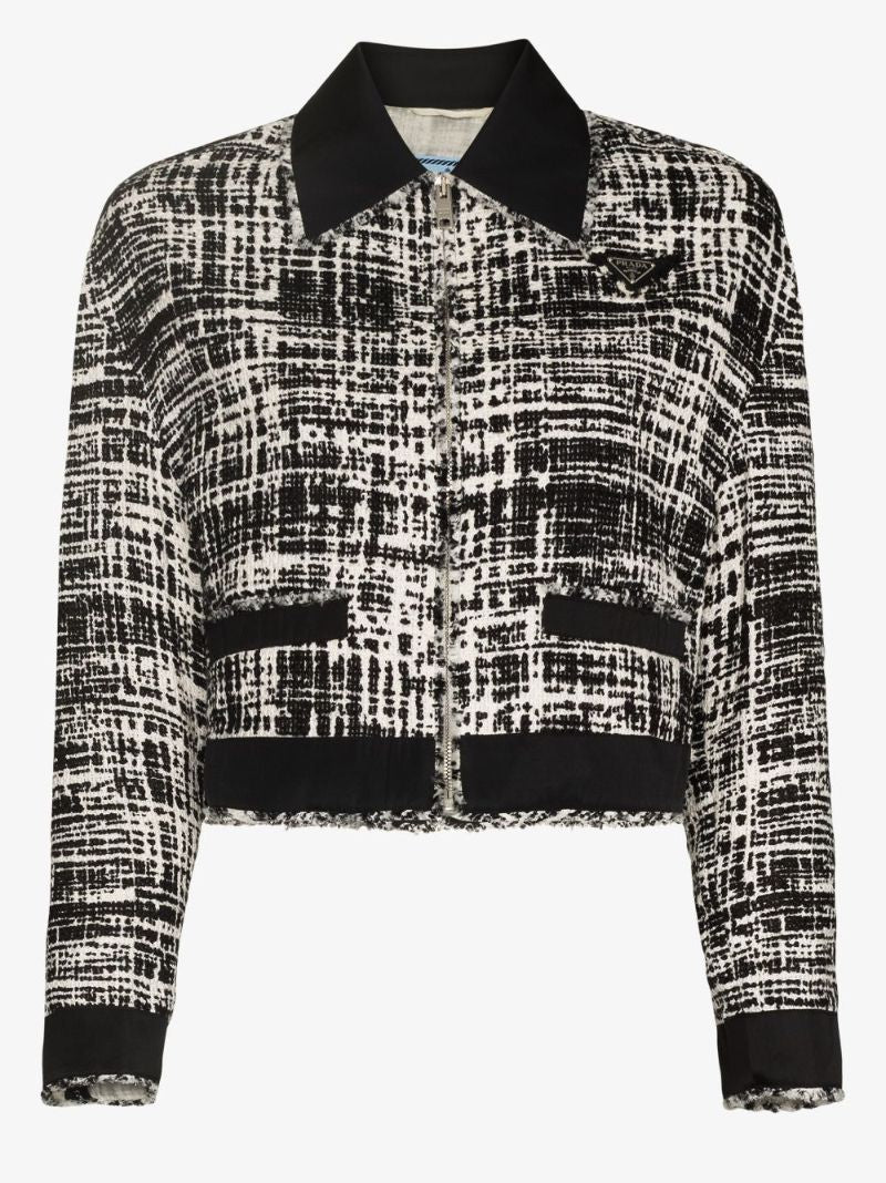 Black Cropped Zip-up Tweed Jacket