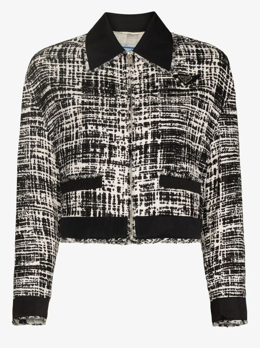 Black Cropped Zip-up Tweed Jacket