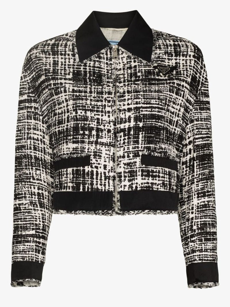 Black Cropped Zip-up Tweed Jacket