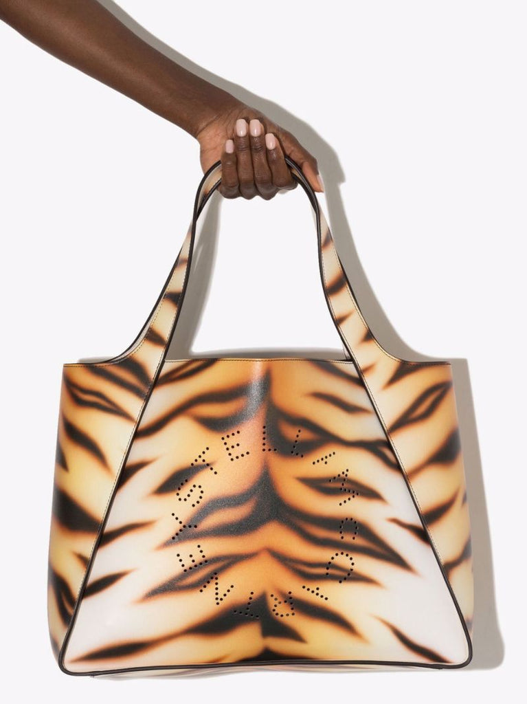 Neutral Logo Tiger Print Faux Leather Tote Bag