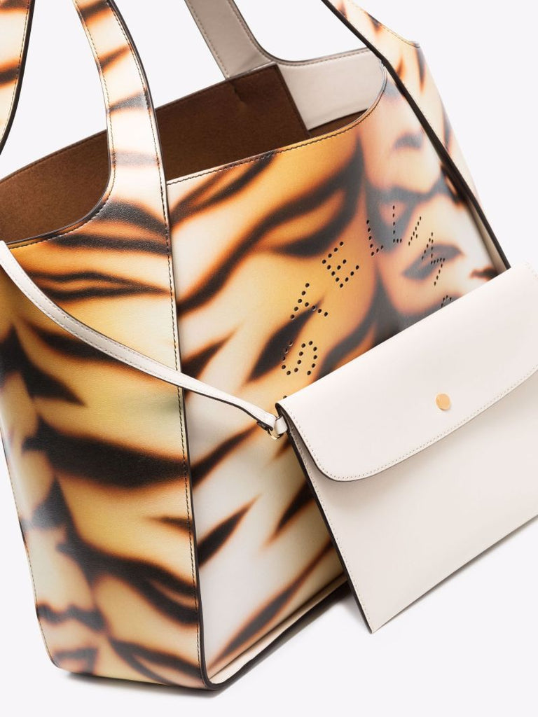 Neutral Logo Tiger Print Faux Leather Tote Bag