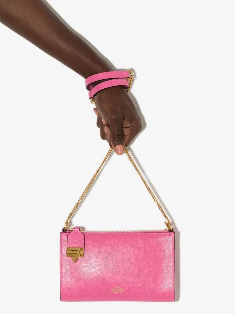 Pink Rockstud Leather Chain Wallet