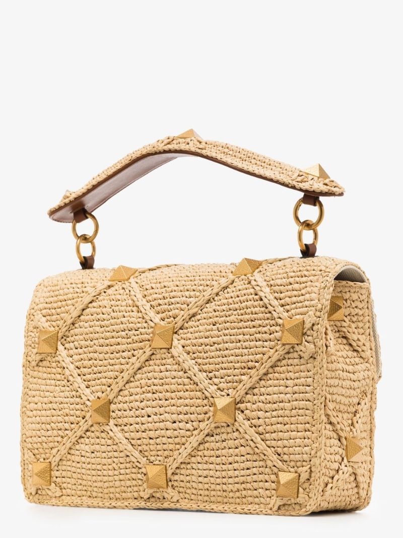 Neutral Roman Stud Large Raffia Shoulder Bag