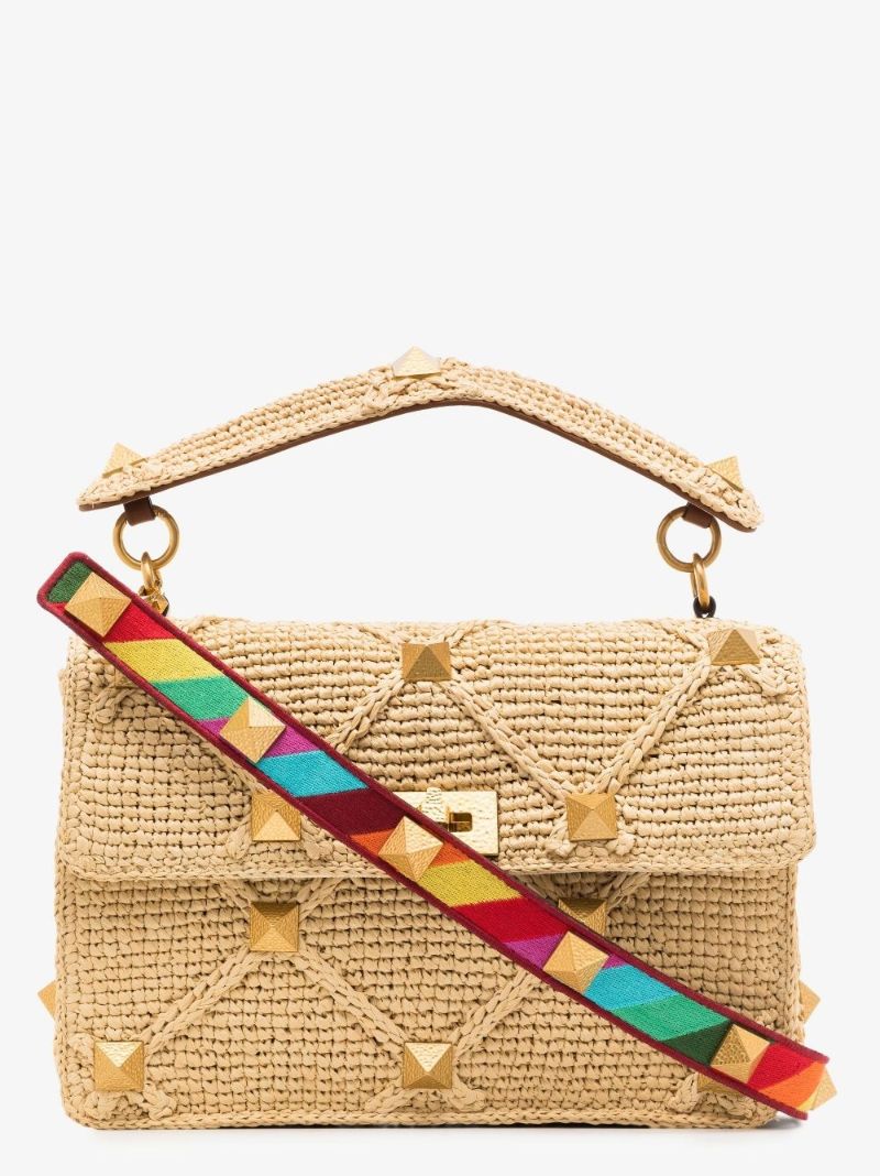 Neutral Roman Stud Large Raffia Shoulder Bag