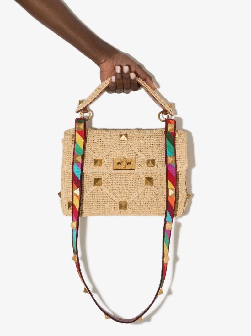 Neutral Roman Stud Large Raffia Shoulder Bag