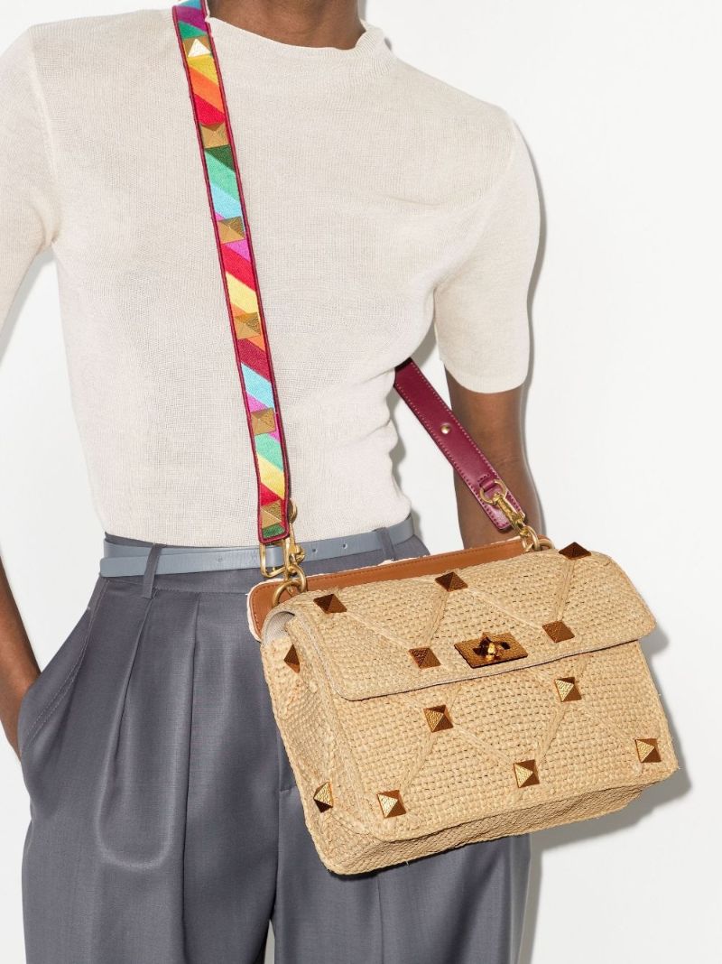 Neutral Roman Stud Large Raffia Shoulder Bag