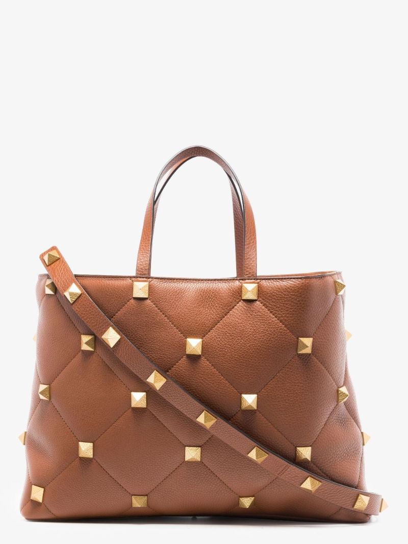 Brown Valentino Garavani Roman Stud Leather Tote Bag