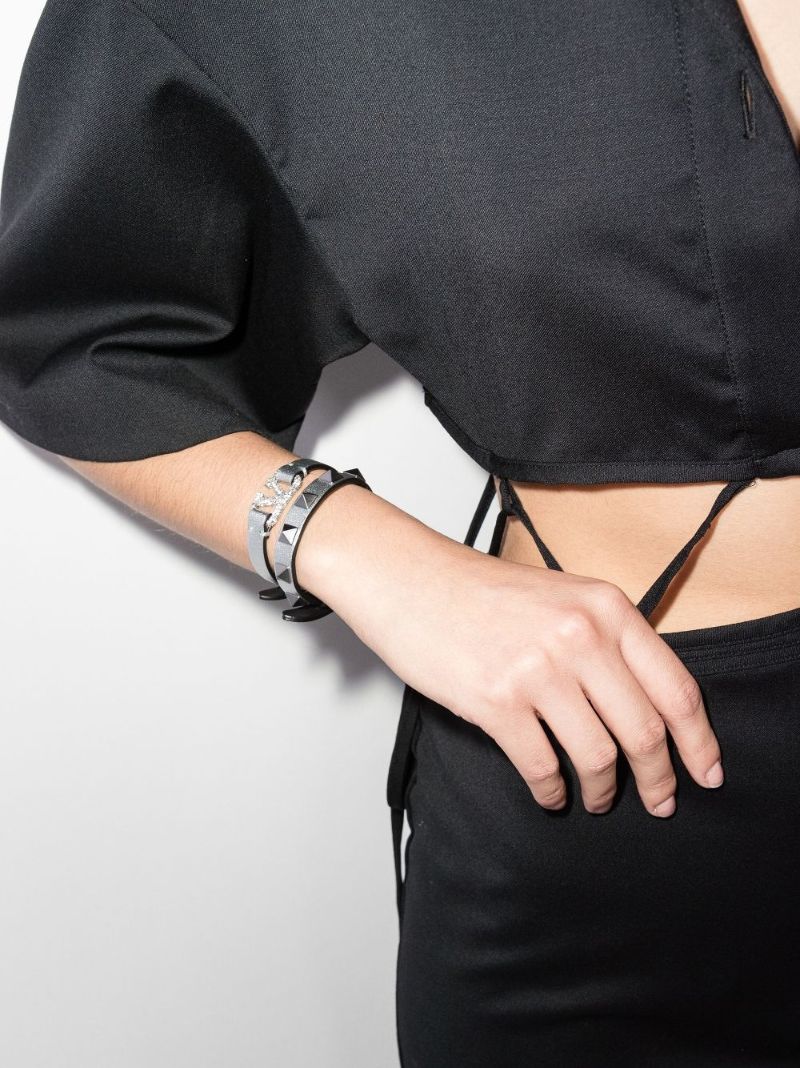 Silver Tone Vlogo Crystal Leather Bracelet