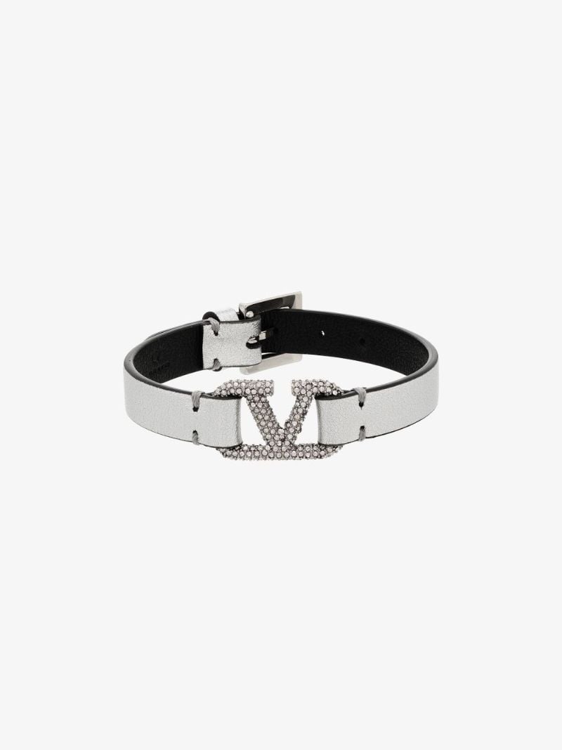 Silver Tone Vlogo Crystal Leather Bracelet