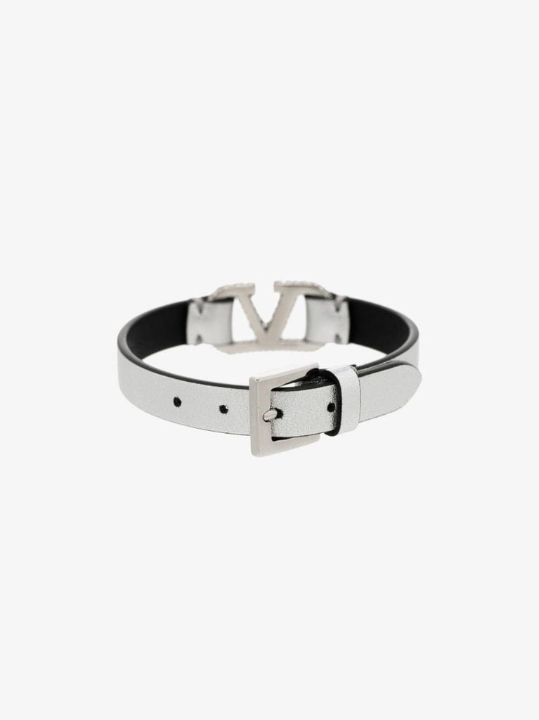 Silver Tone Vlogo Crystal Leather Bracelet