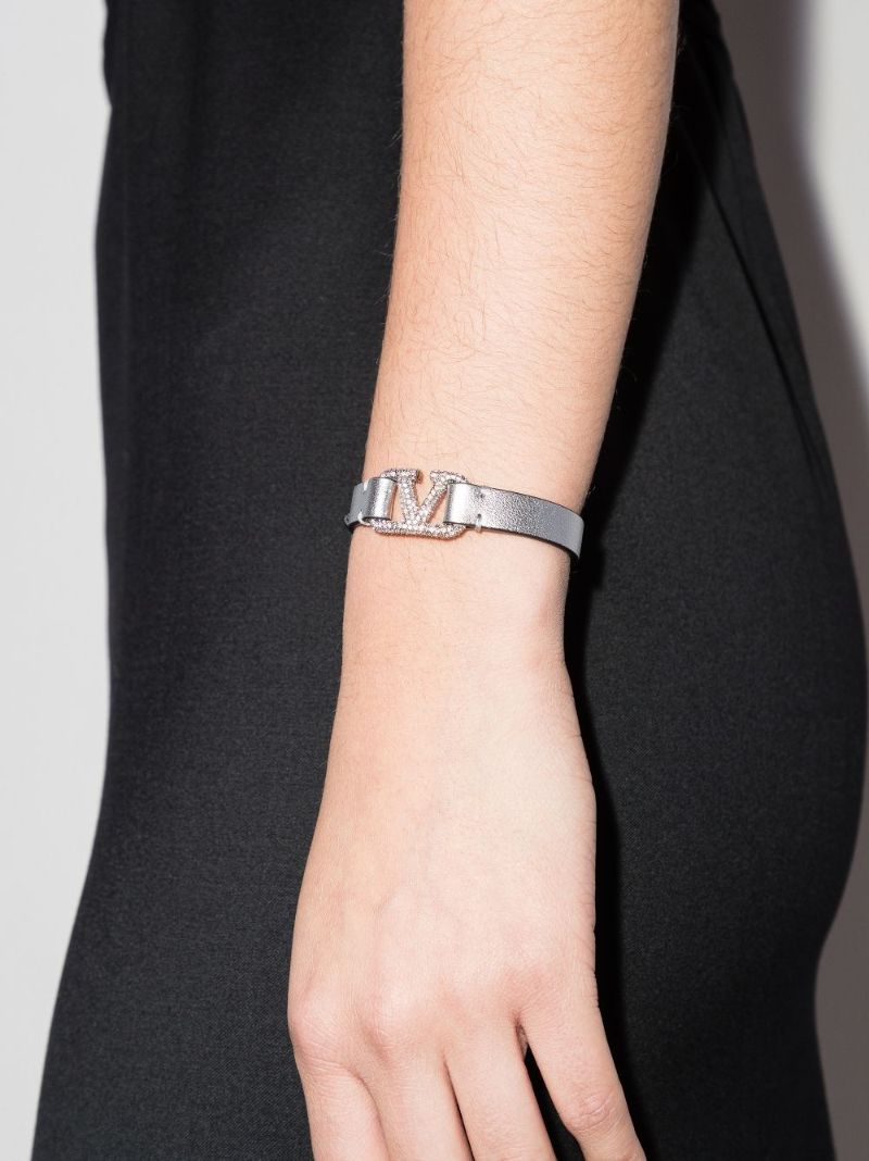 Silver Tone Vlogo Crystal Leather Bracelet