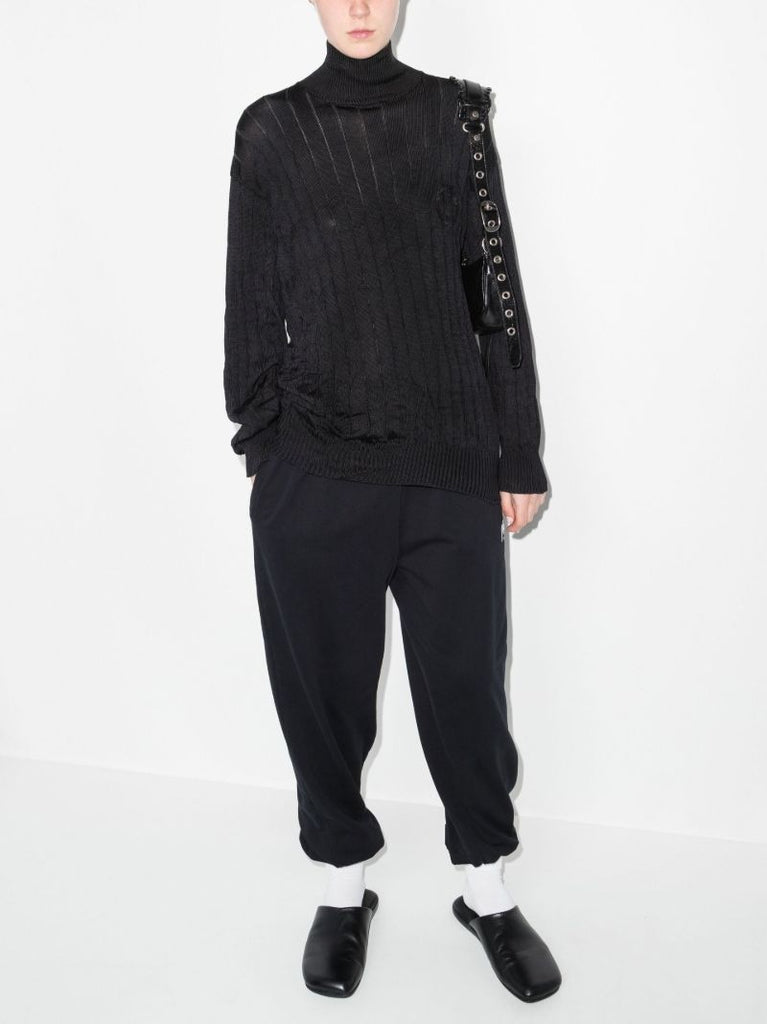 Black Ribbed Knit Turtleneck Silk Sweater