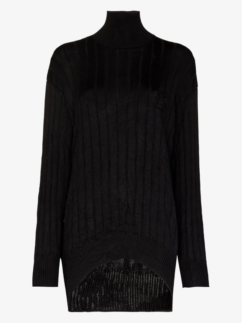 Black Ribbed Knit Turtleneck Silk Sweater
