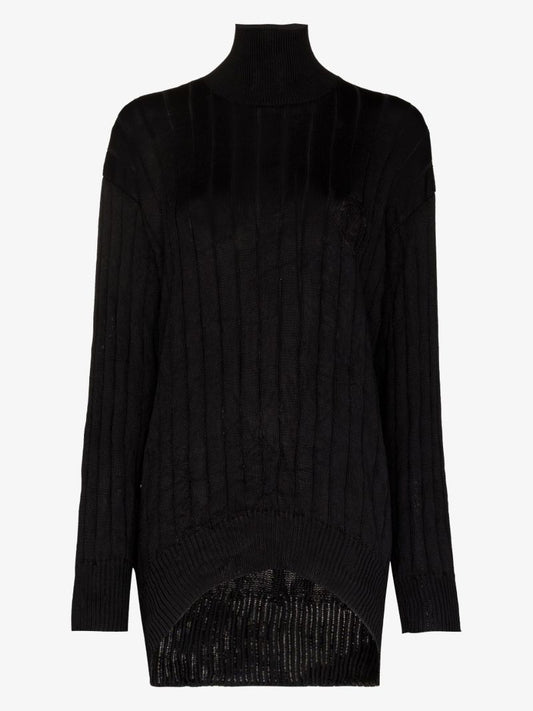 Black Ribbed Knit Turtleneck Silk Sweater