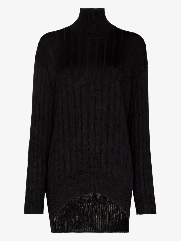 Black Ribbed Knit Turtleneck Silk Sweater