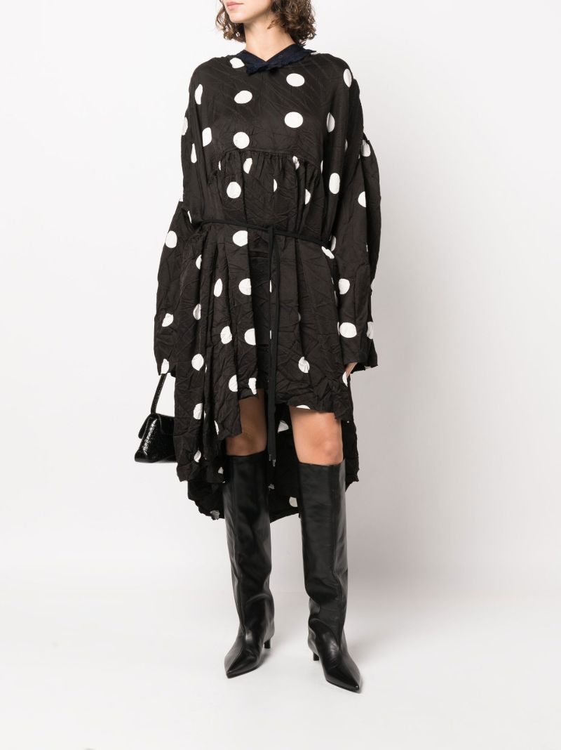 Black Crinkled Polka-dot Midi Dress
