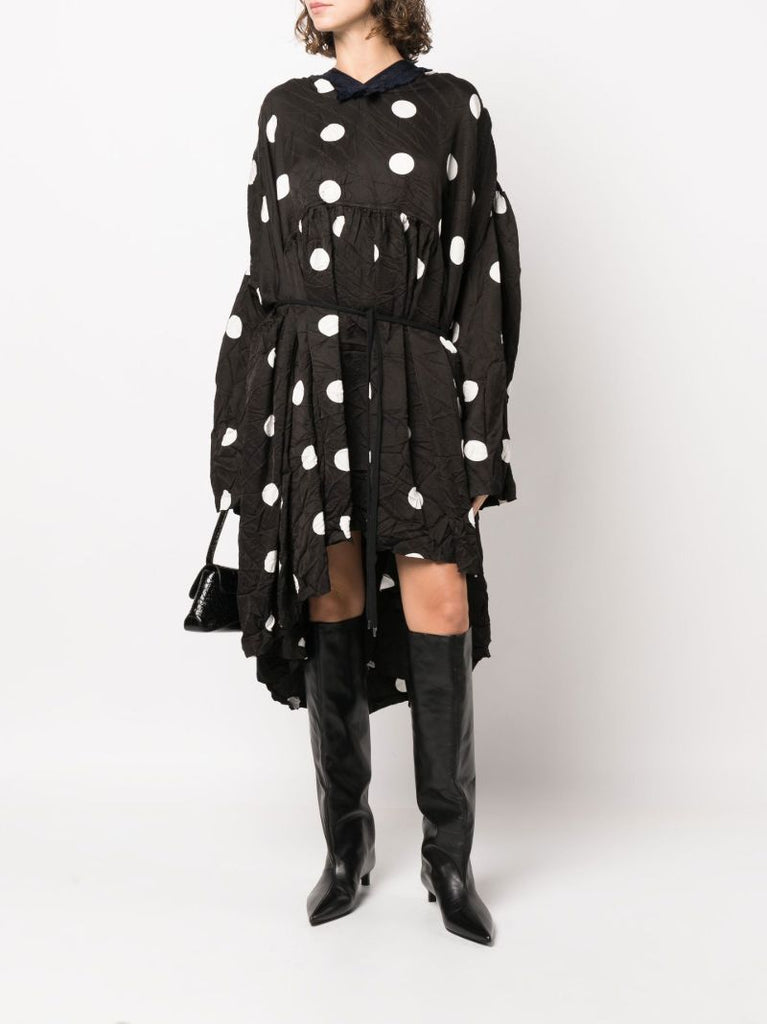 Black Crinkled Polka-dot Midi Dress