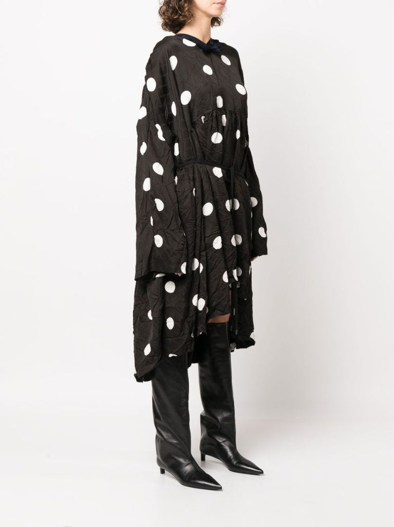 Black Crinkled Polka-dot Midi Dress