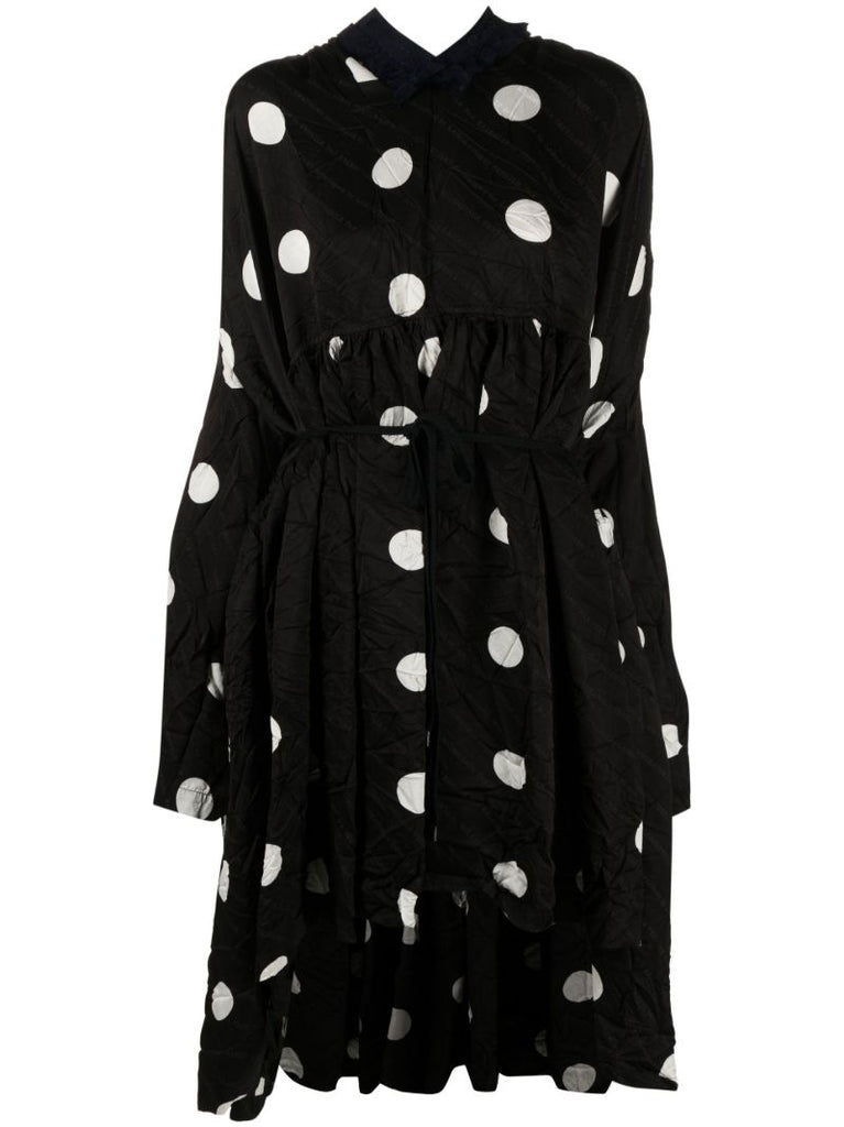 Black Crinkled Polka-dot Midi Dress
