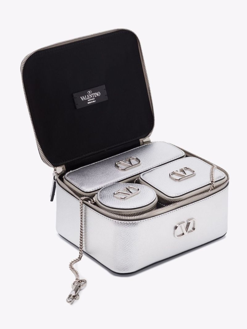 Silver Vlogo Signature Leather Cosmetic Case