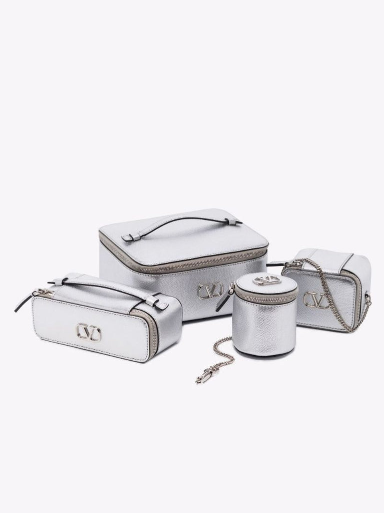 Silver Vlogo Signature Leather Cosmetic Case