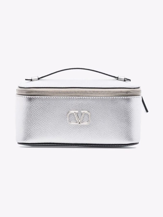 Silver Vlogo Signature Leather Cosmetic Case
