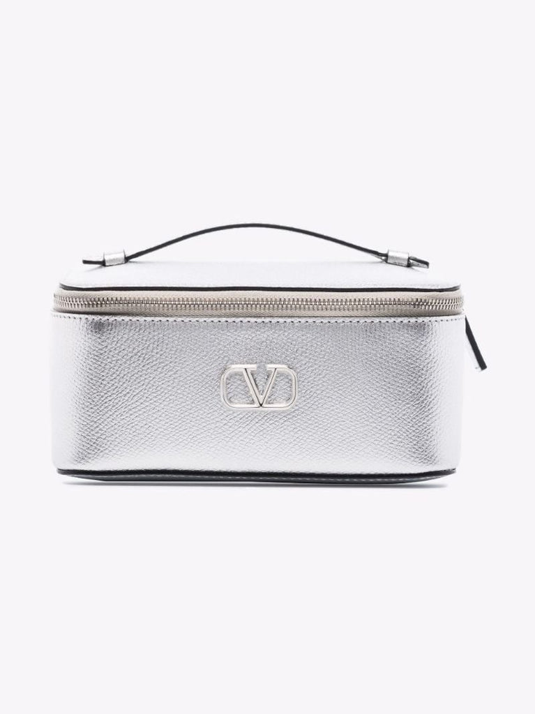 Silver Vlogo Signature Leather Cosmetic Case