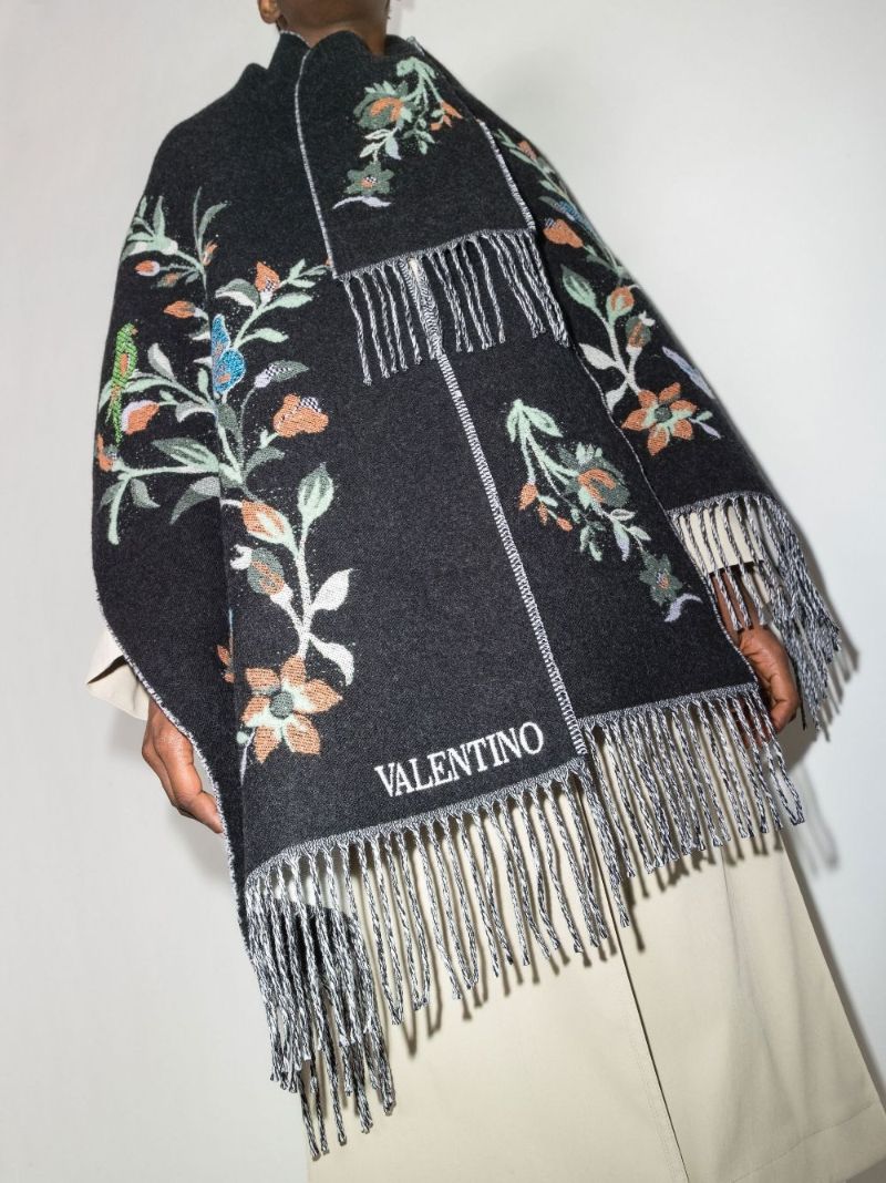 Black Floral Jacquard Wool Poncho