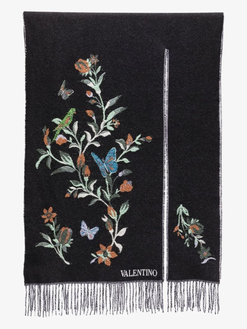 Black Floral Jacquard Wool Poncho