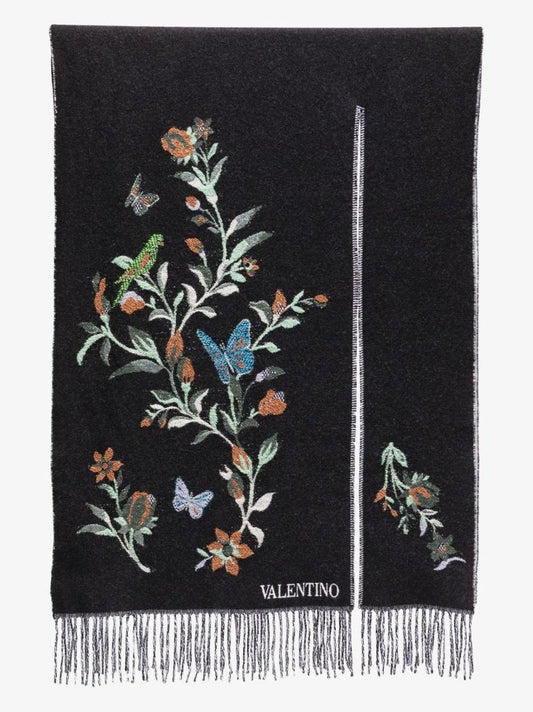 Black Floral Jacquard Wool Poncho