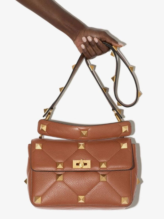Brown Roman Stud Large Leather Shoulder Bag
