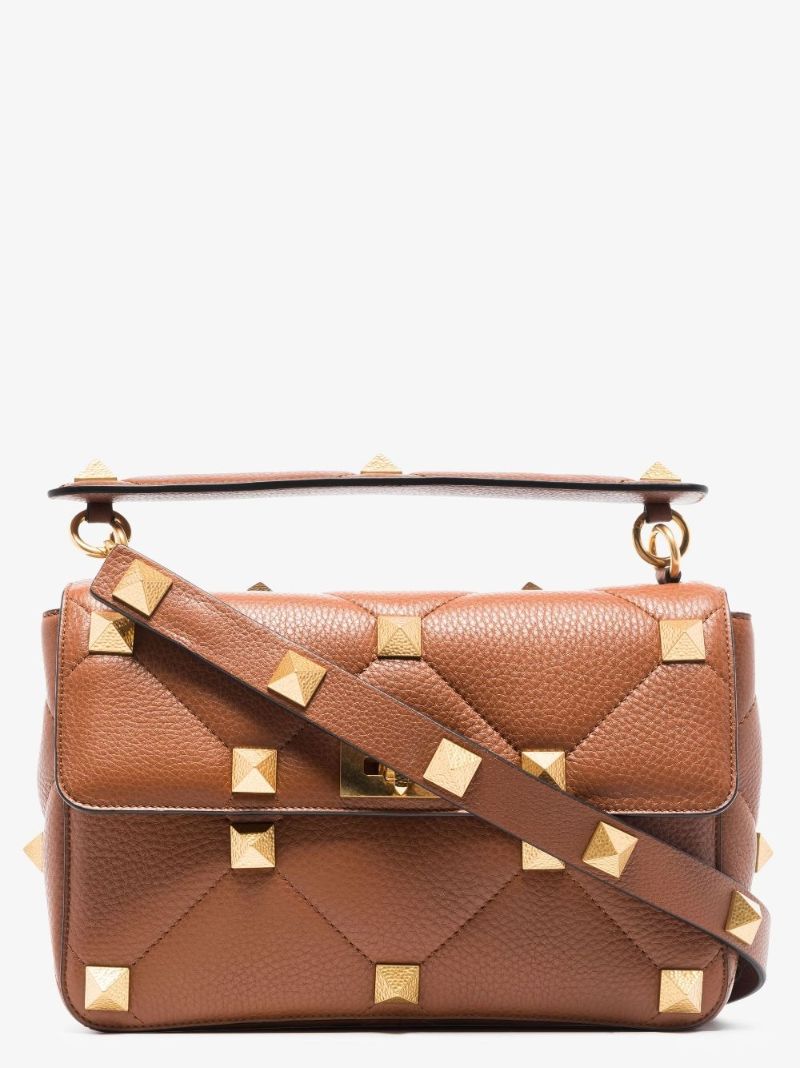 Brown Roman Stud Large Leather Shoulder Bag