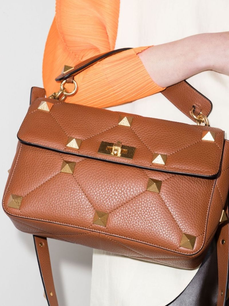 Brown Roman Stud Large Leather Shoulder Bag