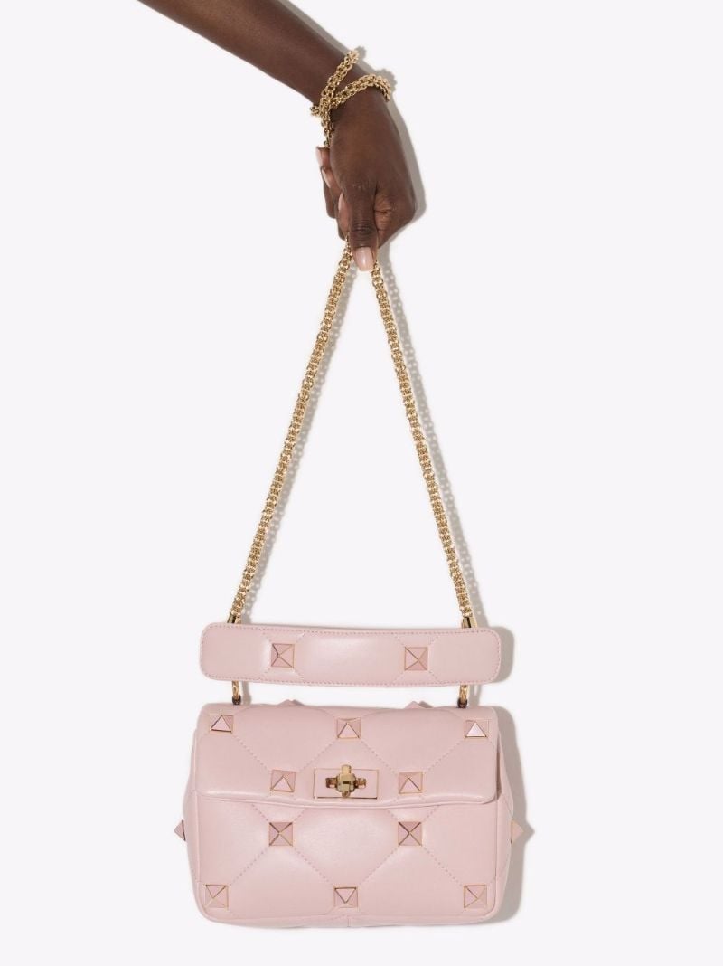 Pink Roman Stud Medium Leather Shoulder Bag