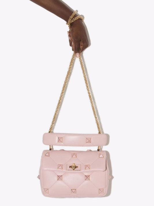 Pink Roman Stud Medium Leather Shoulder Bag