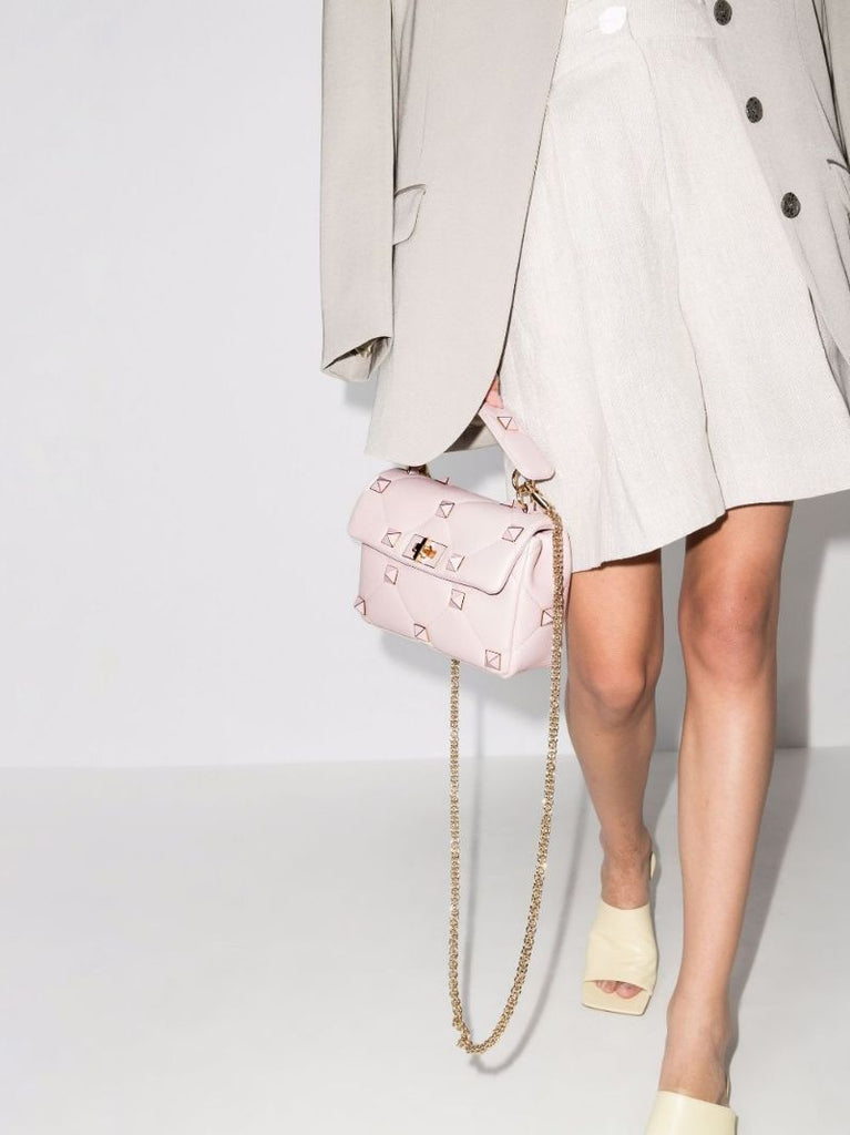 Pink Roman Stud Medium Leather Shoulder Bag