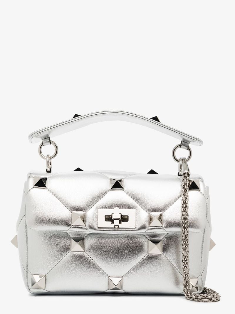 Silver Roman Stud Medium Leather Shoulder Bag