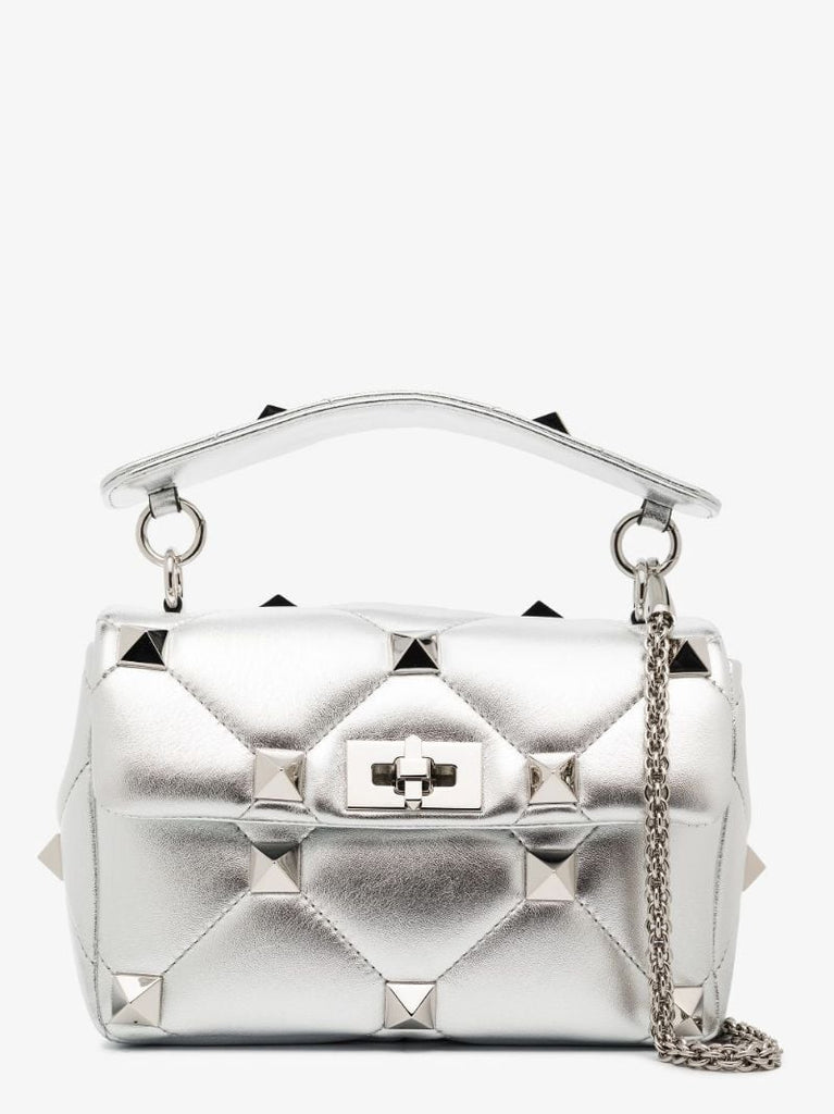 Silver Roman Stud Medium Leather Shoulder Bag