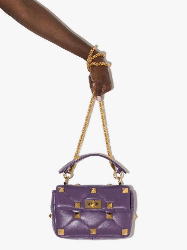 Purple Roman Stud Medium Leather Shoulder Bag