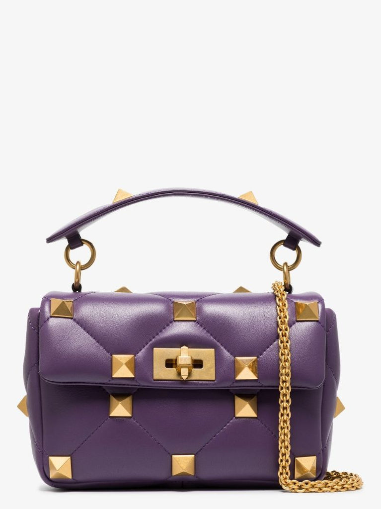 Purple Roman Stud Medium Leather Shoulder Bag