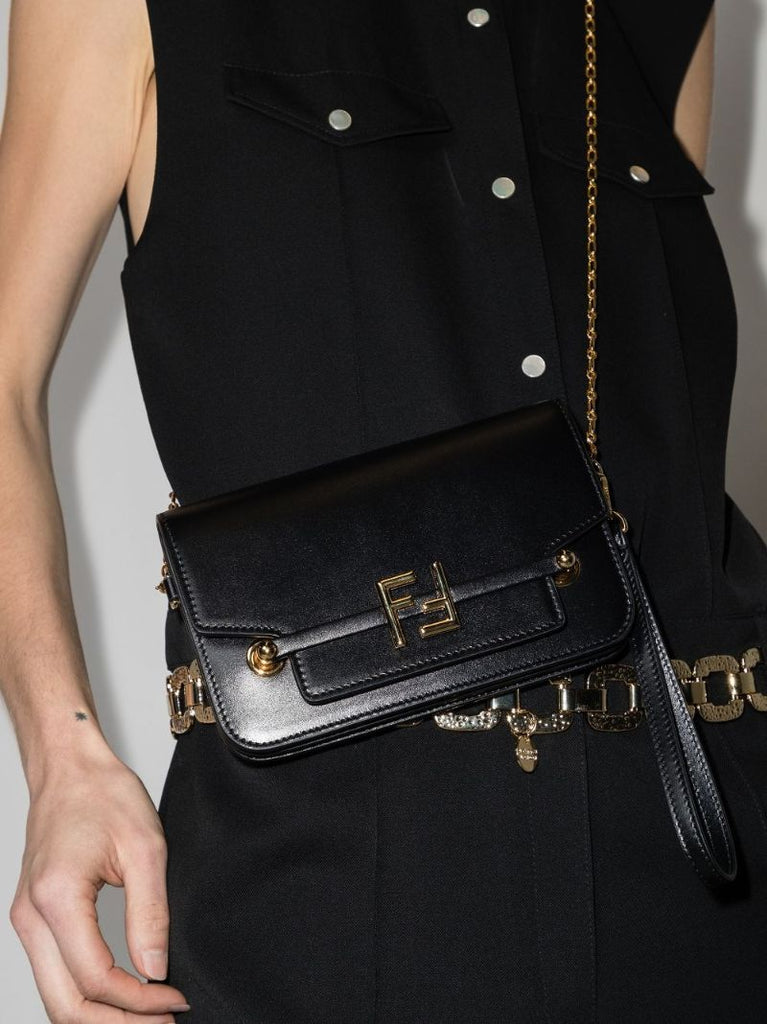Black Logo Plaque Leather Clutch Bag