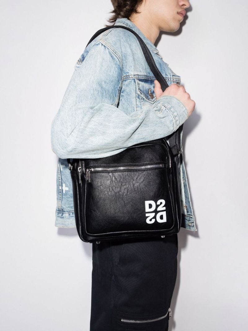 Black Logo Print Leather Cross Body Bag