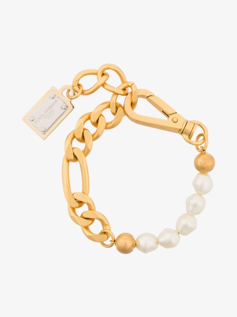 Gold Tone Logo Pearl Chain Bracelet