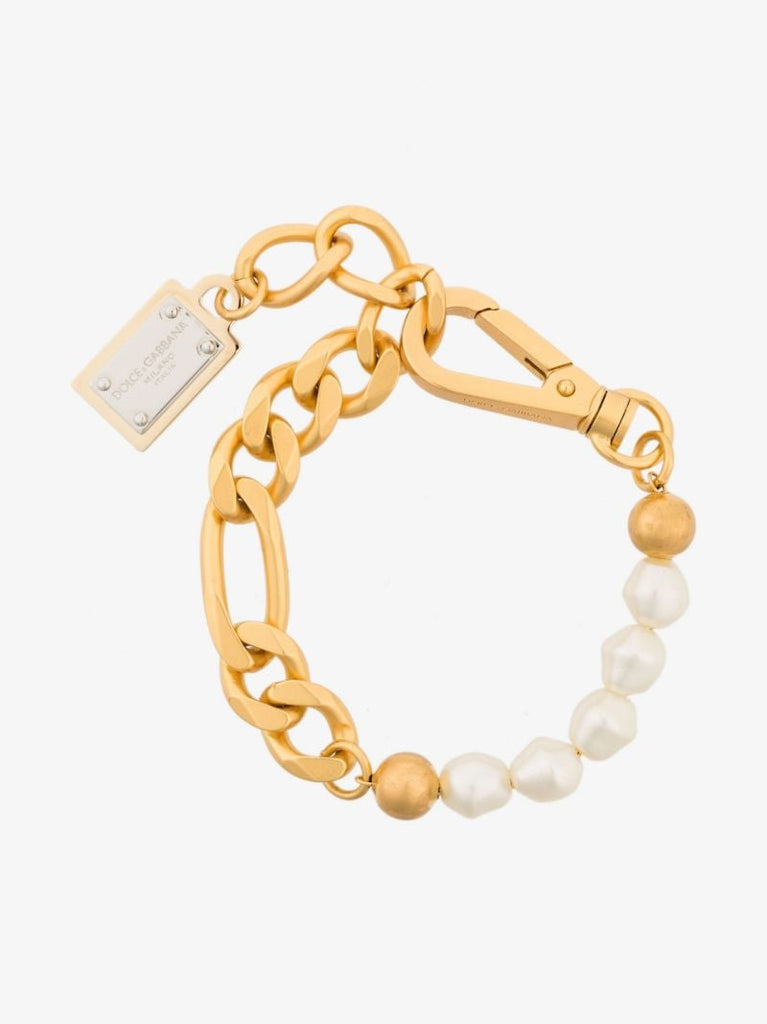 Gold Tone Logo Pearl Chain Bracelet