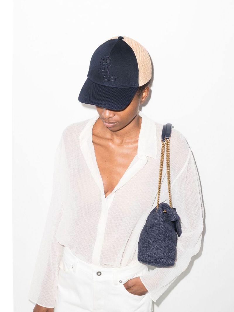Blue Cotton Canvas and Raffia Baseball Cap