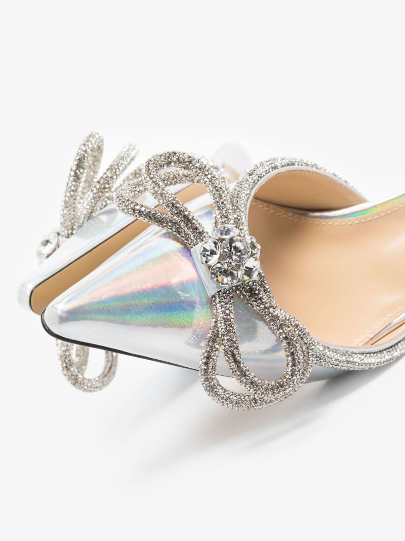 Silver Double Bow 85 Crystal Patent Leather Mules