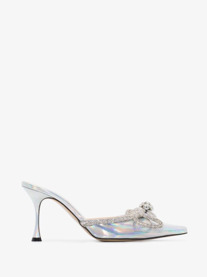 Silver Double Bow 85 Crystal Patent Leather Mules